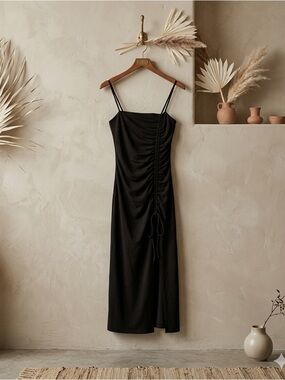 Good American Ruched Maxi Dress Black Side Slit Size 3 L NWT